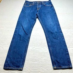 Nudie Jeans Co Mens 33X30 Blue Medium Wash Button Fly Denim Organic Cotton EUC
